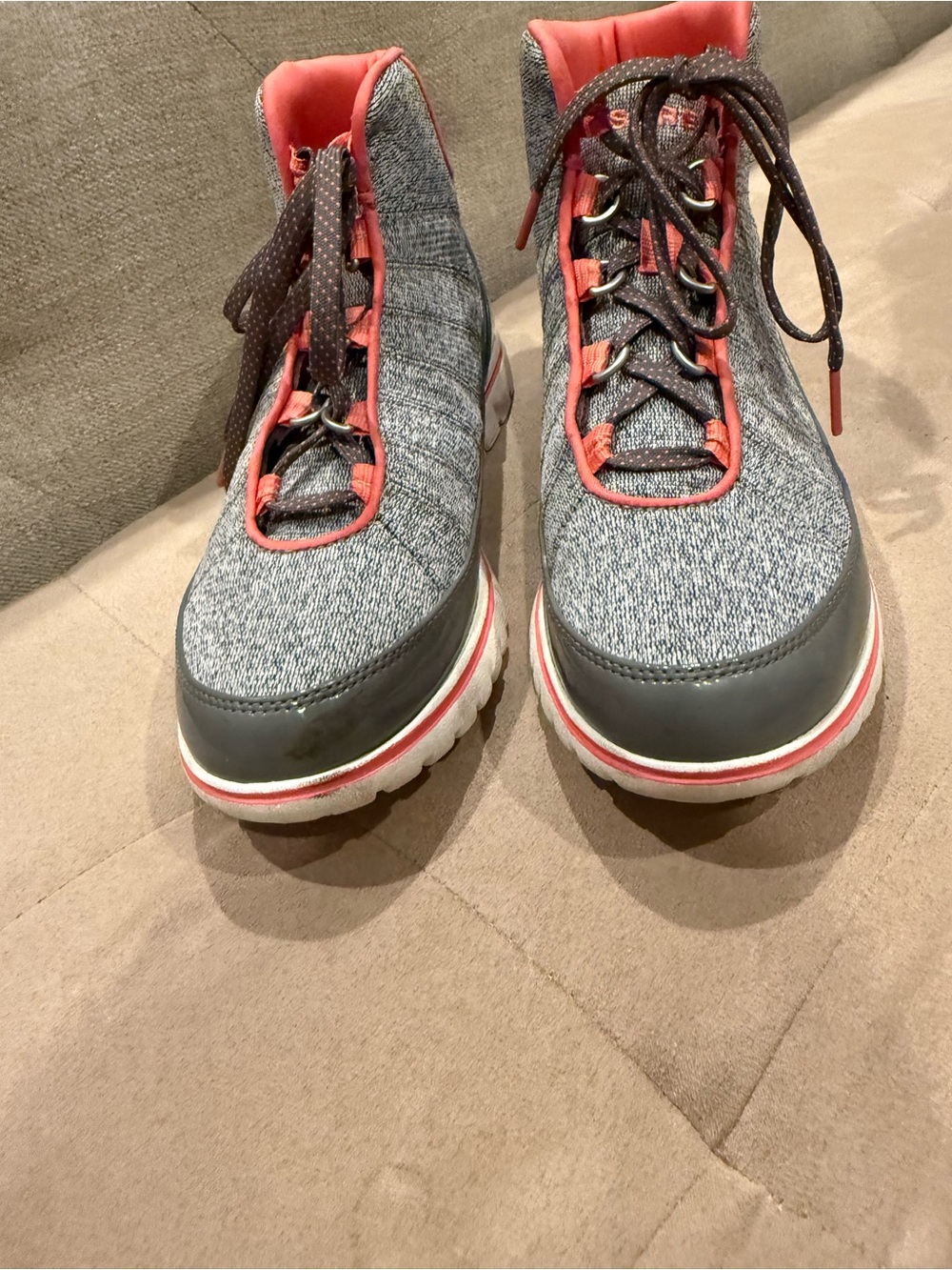 Sorel Women's Gray and Coral Lace-Up Knit Sneakers